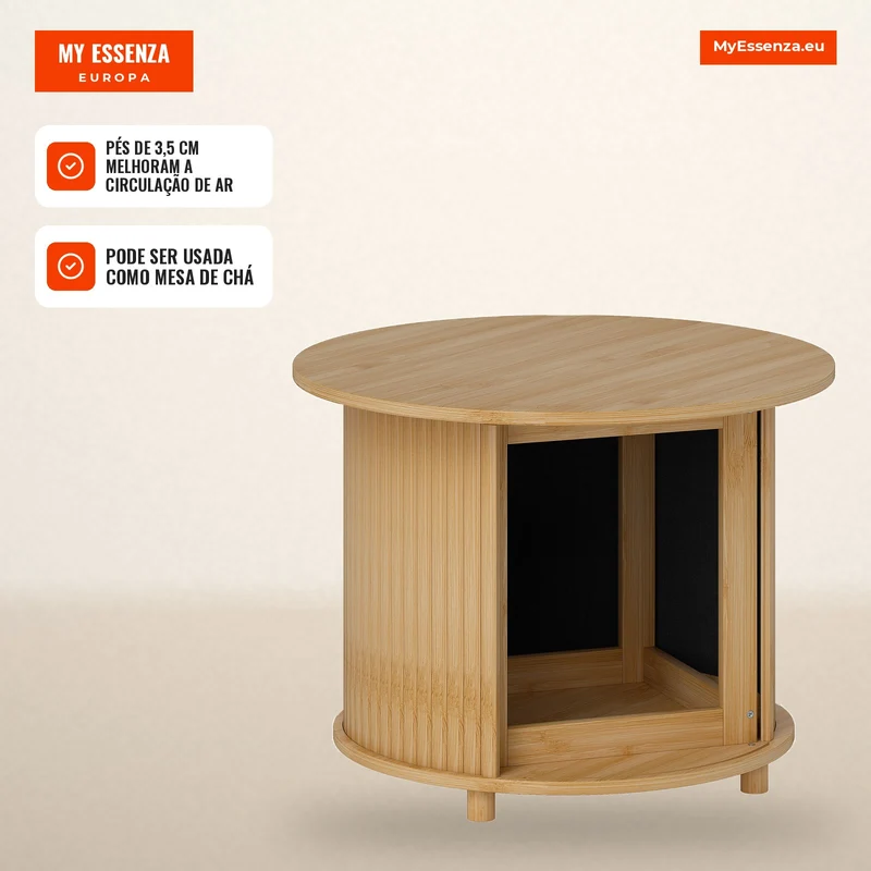 Mesa de Centro Redonda Mesa de Sala em Bambu com Armazenamento Oculto e Porta deslizante Ø 60x45 cm Madeira Natural