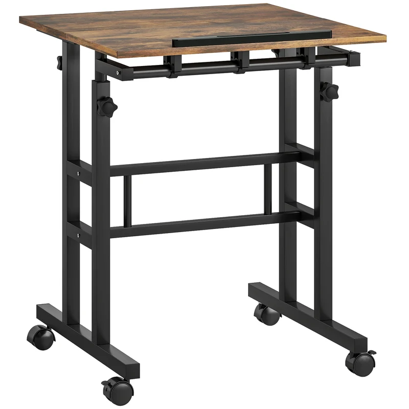 Secretária Ajustável em Altura para Cozinha com Prateleira e Rodízios Mesa para Computador 60x60x70,5-120 cm Castanho Rústico