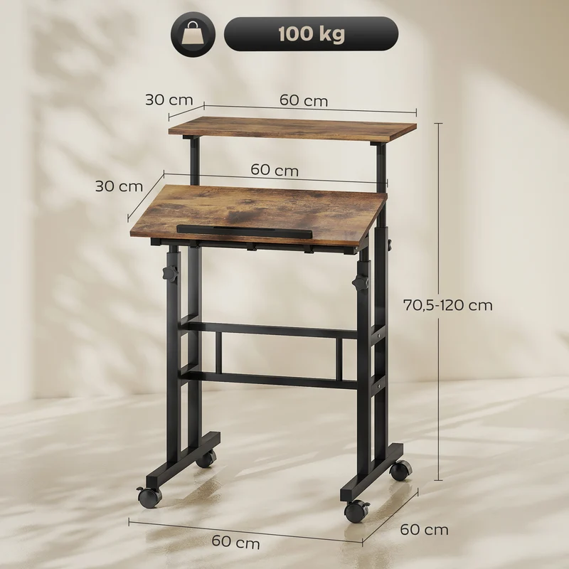 Secretária Ajustável em Altura para Cozinha com Prateleira e Rodízios Mesa para Computador 60x60x70,5-120 cm Castanho Rústico