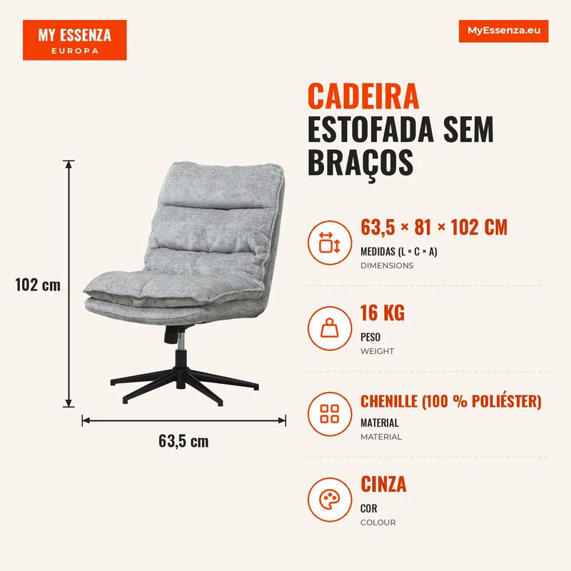 Cadeira estofada sem braços, cadeira de escritório estofada giratória com revestimento de tecido macio, regulável em altura, pernas de aço, cinza