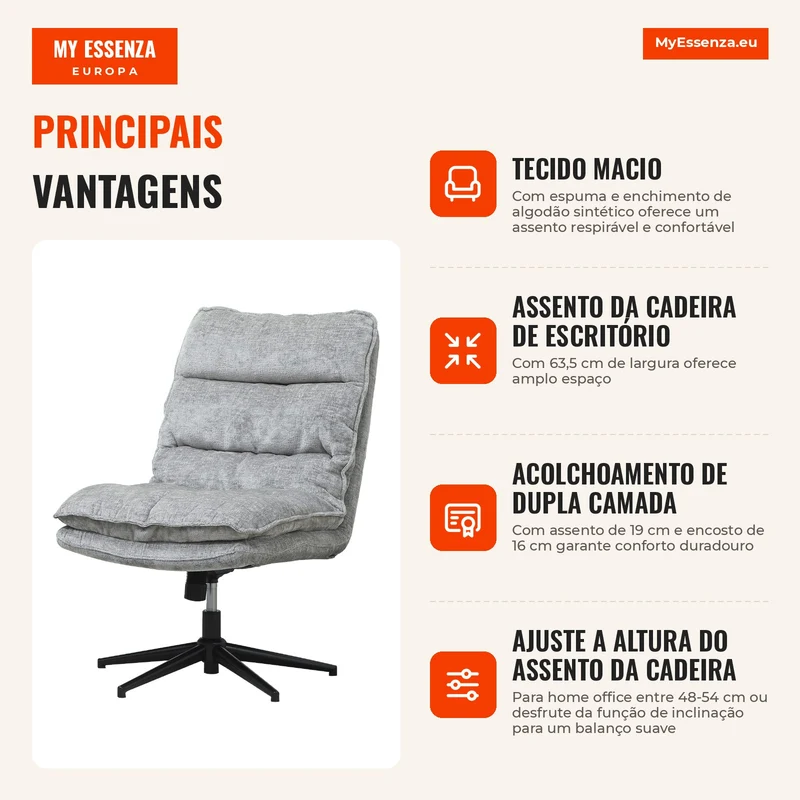 Cadeira estofada sem braços, cadeira de escritório estofada giratória com revestimento de tecido macio, regulável em altura, pernas de aço, cinza