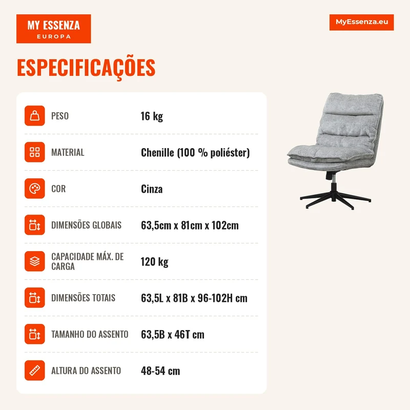 Cadeira estofada sem braços, cadeira de escritório estofada giratória com revestimento de tecido macio, regulável em altura, pernas de aço, cinza
