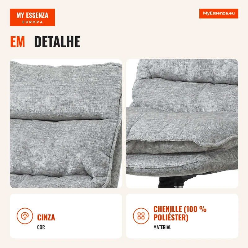 Cadeira estofada sem braços, cadeira de escritório estofada giratória com revestimento de tecido macio, regulável em altura, pernas de aço, cinza