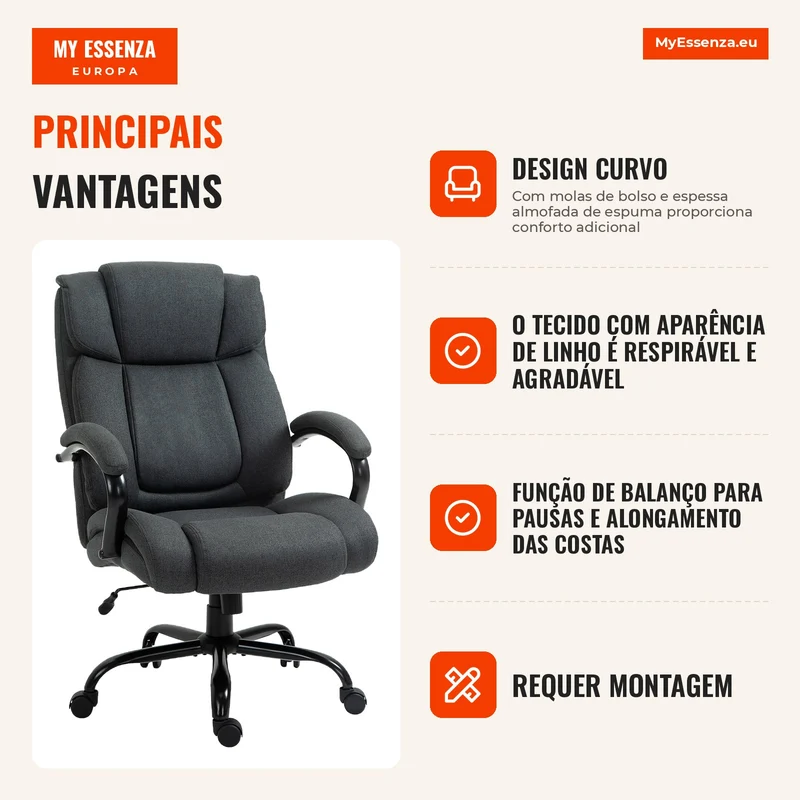 Cadeira de Escritório Cadeira Ergonômica de Secretária Cadeira Giratória com Apoio de Braço Estofado até 220 kg Cinza
