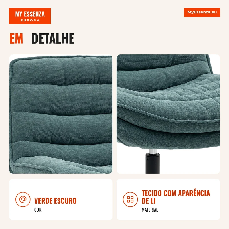Cadeira giratória com assento amplo, cadeira estofada espaçosa para escritório, sala de trabalho, verde escuro