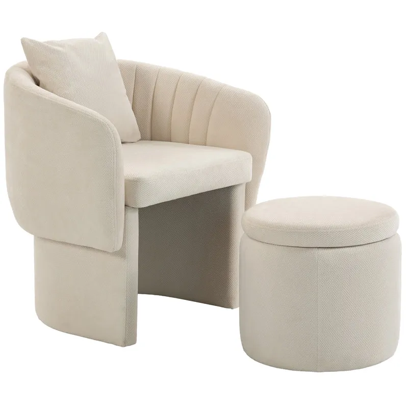Poltrona Relax com Pufe Poltrona Lounge com Encosto Curvo Apoios de Braço Estofado em Chenille Estilo Nórdico Bege