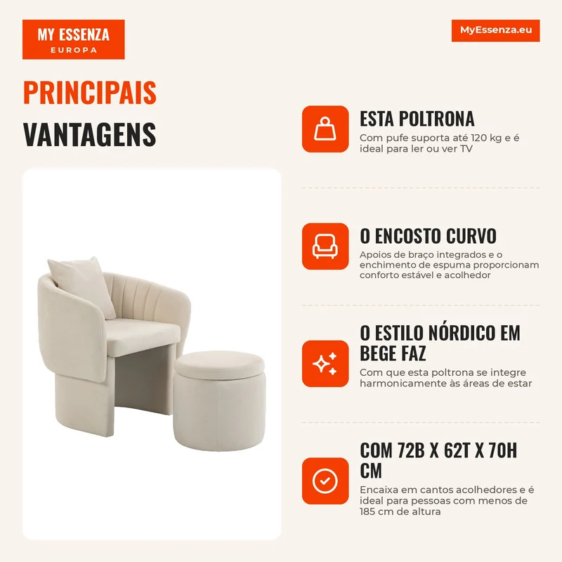 Poltrona Relax com Pufe Poltrona Lounge com Encosto Curvo Apoios de Braço Estofado em Chenille Estilo Nórdico Bege
