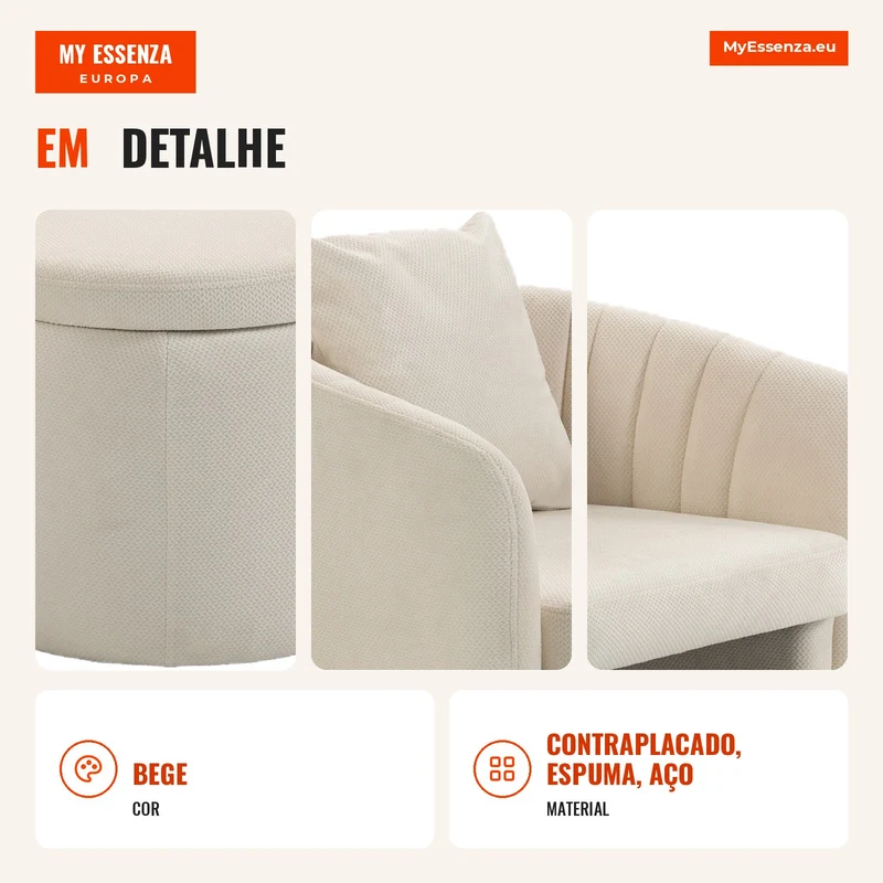 Poltrona Relax com Pufe Poltrona Lounge com Encosto Curvo Apoios de Braço Estofado em Chenille Estilo Nórdico Bege