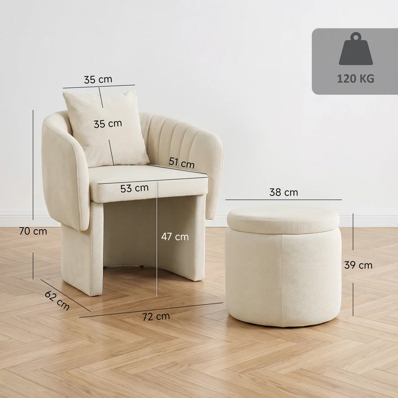 Poltrona Relax com Pufe Poltrona Lounge com Encosto Curvo Apoios de Braço Estofado em Chenille Estilo Nórdico Bege