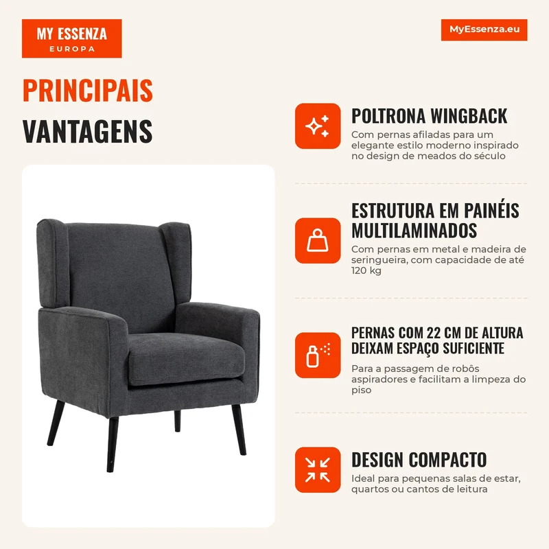 Poltrona para Quarto em Chenille Estilo Moderno de Meados do Século com Pernas em Madeira de Seringueira Cinza Escuro