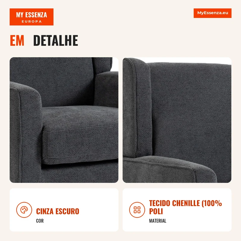 Poltrona para Quarto em Chenille Estilo Moderno de Meados do Século com Pernas em Madeira de Seringueira Cinza Escuro