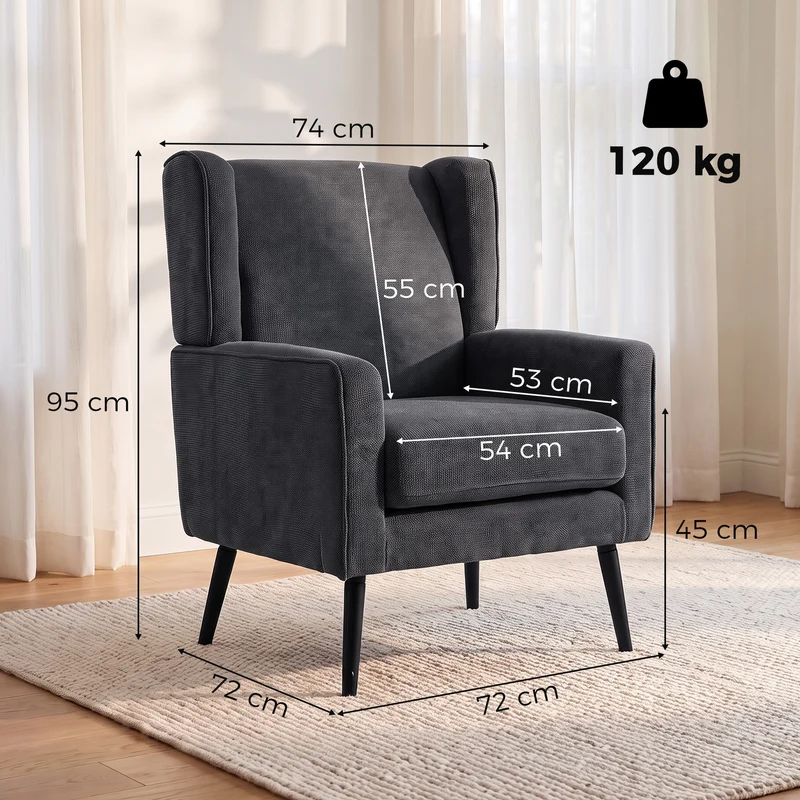 Poltrona para Quarto em Chenille Estilo Moderno de Meados do Século com Pernas em Madeira de Seringueira Cinza Escuro