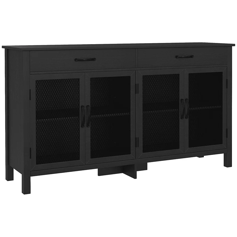 Aparador Baixo Móvel de Arrumação 4 Portas com Prateleiras Reguláveis e 2 Gavetas Estilo Industrial 150x40x85 cm Preto