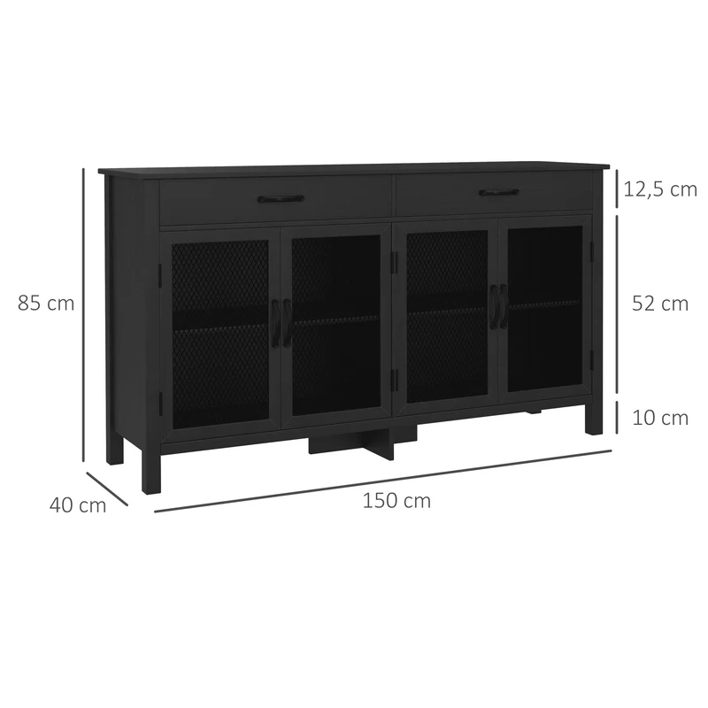 Aparador Baixo Móvel de Arrumação 4 Portas com Prateleiras Reguláveis e 2 Gavetas Estilo Industrial 150x40x85 cm Preto