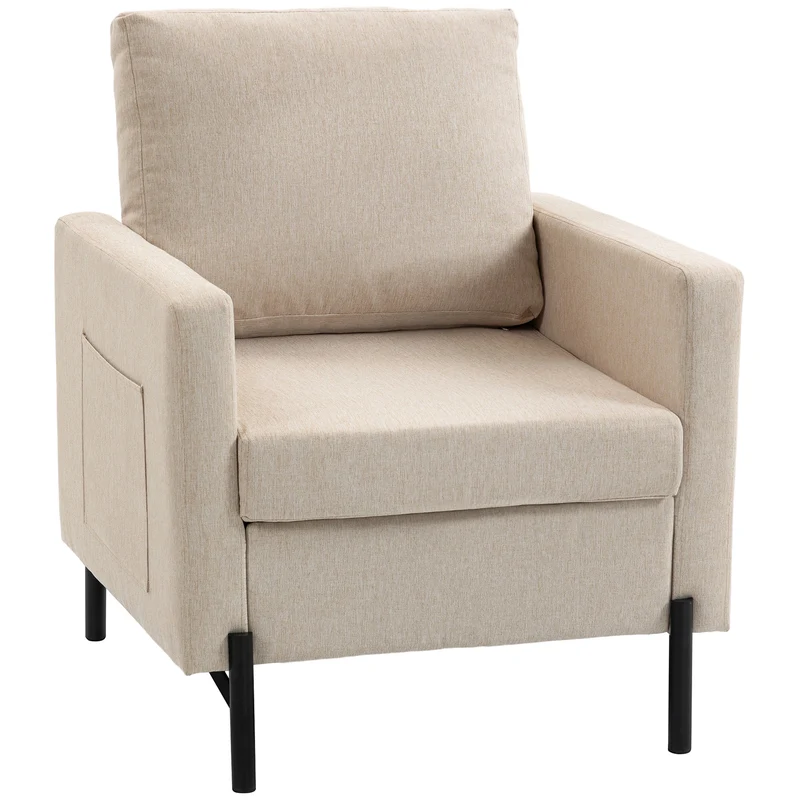 Poltrona de Sala Sofá 1 Lugar Acolchoado com Apoios de Braço Assento Largo e Pés em Aço 73x77x87 cm Bege