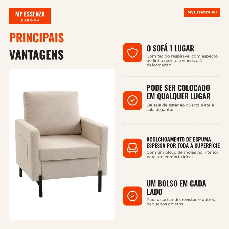 Poltrona de Sala Sofá 1 Lugar Acolchoado com Apoios de Braço Assento Largo e Pés em Aço 73x77x87 cm Bege