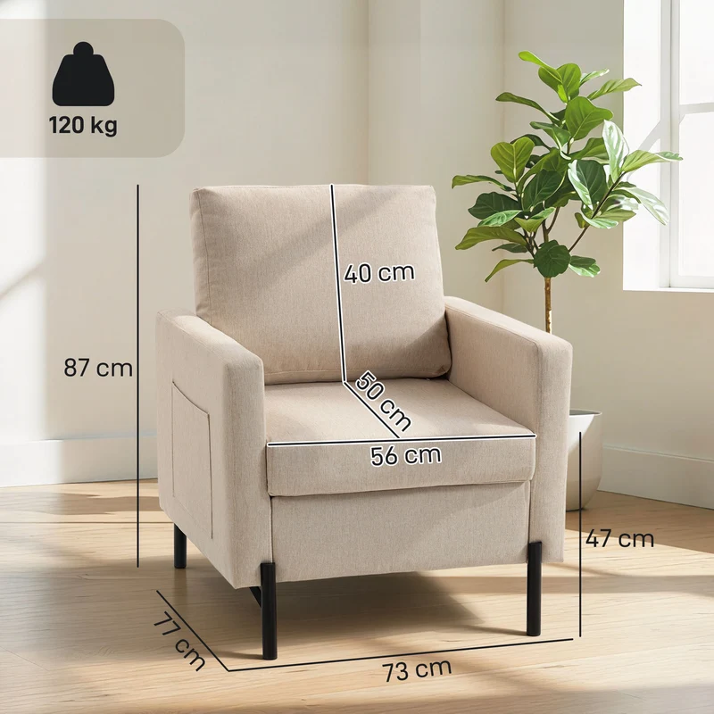 Poltrona de Sala Sofá 1 Lugar Acolchoado com Apoios de Braço Assento Largo e Pés em Aço 73x77x87 cm Bege