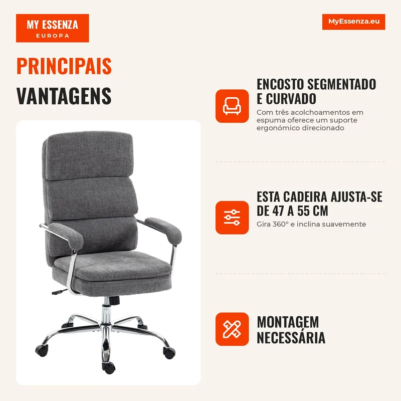 Cadeira de Escritório Ergonómica em Chenille Poltrona de Escritório com Apoios de Braço Acolchoados Altura Ajustável Cinza