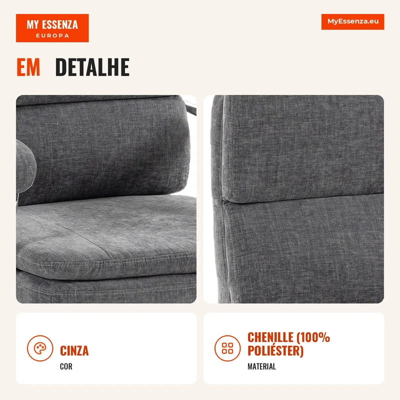 Cadeira de Escritório Ergonómica em Chenille Poltrona de Escritório com Apoios de Braço Acolchoados Altura Ajustável Cinza