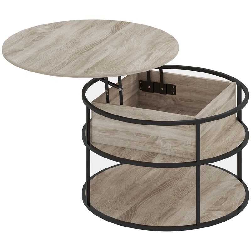 Mesa de Café Redonda com Tampo Elevatório Espaço de Armazenamento Prateleiras Laterais Estrutura em Aço Mesa de Centro Carvalho