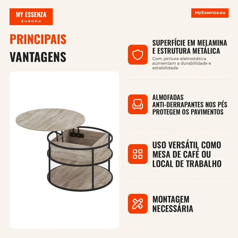 Mesa de Café Redonda com Tampo Elevatório Espaço de Armazenamento Prateleiras Laterais Estrutura em Aço Mesa de Centro Carvalho