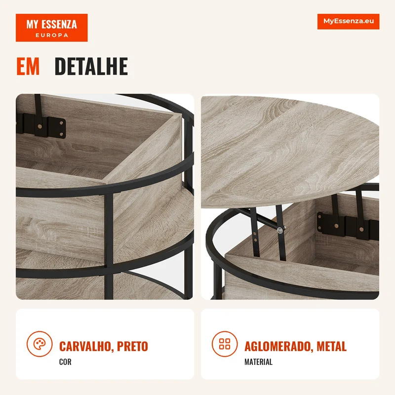 Mesa de Café Redonda com Tampo Elevatório Espaço de Armazenamento Prateleiras Laterais Estrutura em Aço Mesa de Centro Carvalho