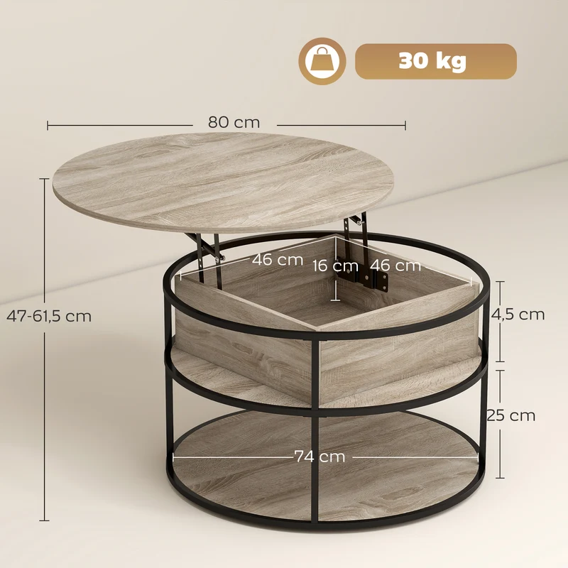 Mesa de Café Redonda com Tampo Elevatório Espaço de Armazenamento Prateleiras Laterais Estrutura em Aço Mesa de Centro Carvalho