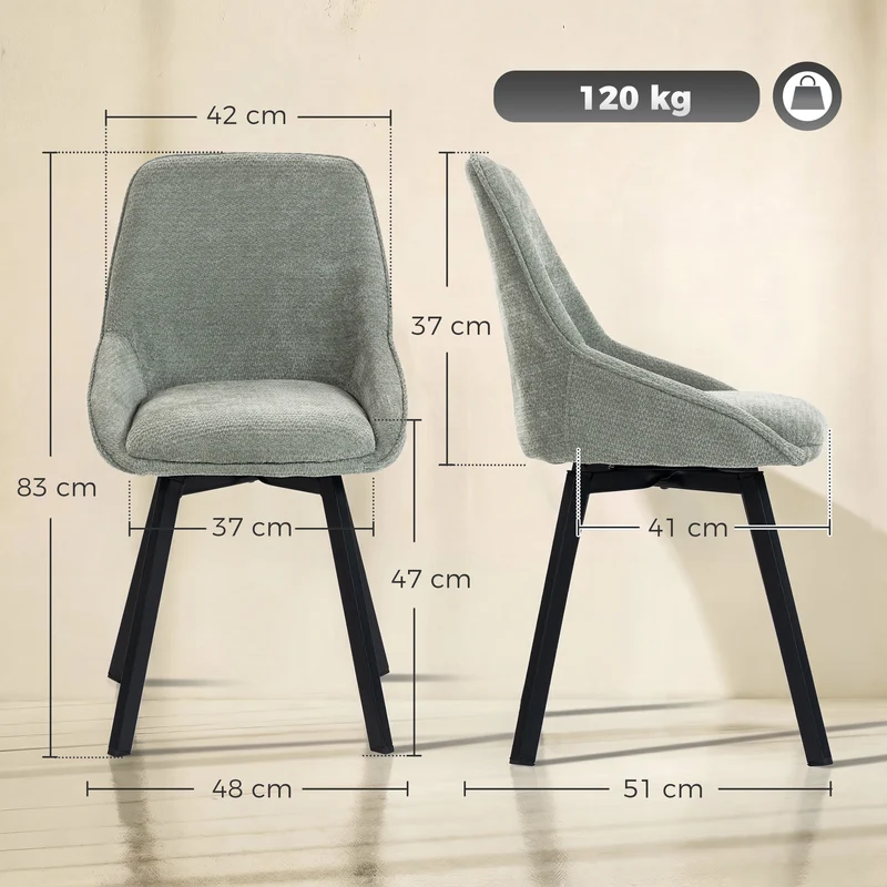 Conjunto de 2 Cadeiras de Sala de Jantar Giratórias a 360° Cadeiras de Cozinha Estofadas em Chenille Encosto Curvo Verde