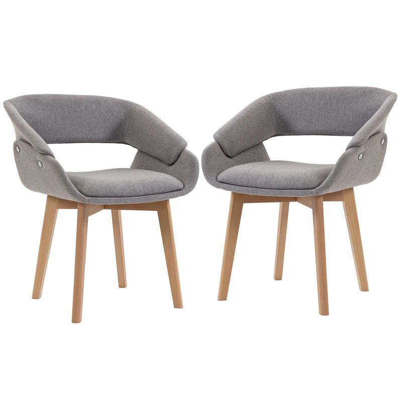 Conjunto de 2 Cadeiras para Sala de Jantar, Cadeiras de Cozinha em Tecido Efeito Linho, Encosto Curvo, Pés em Madeira de Faia, Cinza