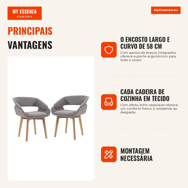 Conjunto de 2 Cadeiras para Sala de Jantar, Cadeiras de Cozinha em Tecido Efeito Linho, Encosto Curvo, Pés em Madeira de Faia, Cinza
