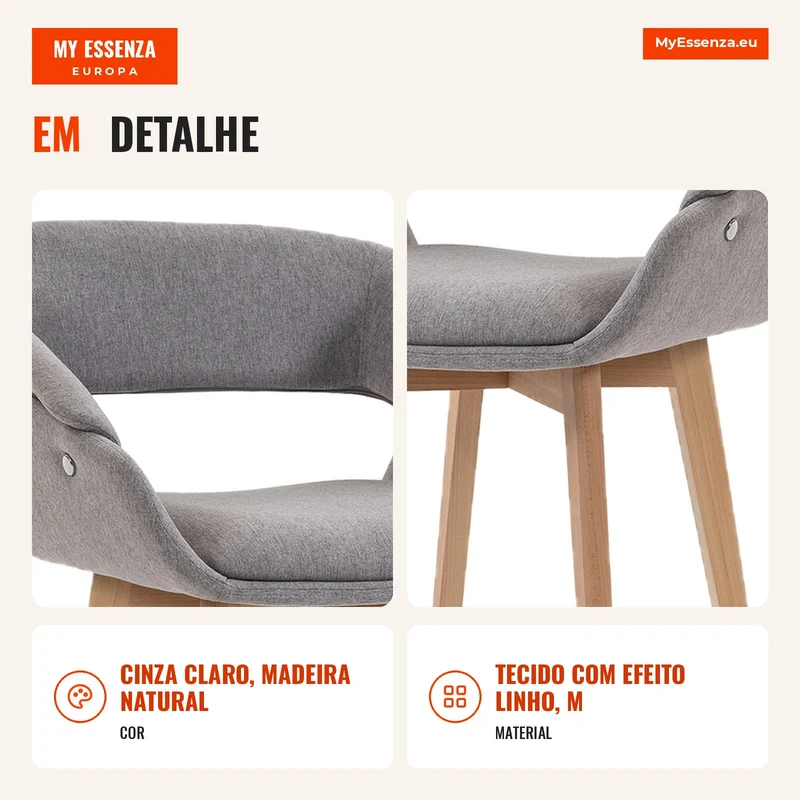 Conjunto de 2 Cadeiras para Sala de Jantar, Cadeiras de Cozinha em Tecido Efeito Linho, Encosto Curvo, Pés em Madeira de Faia, Cinza