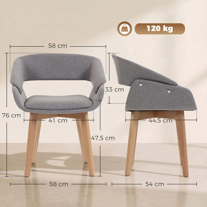 Conjunto de 2 Cadeiras para Sala de Jantar, Cadeiras de Cozinha em Tecido Efeito Linho, Encosto Curvo, Pés em Madeira de Faia, Cinza