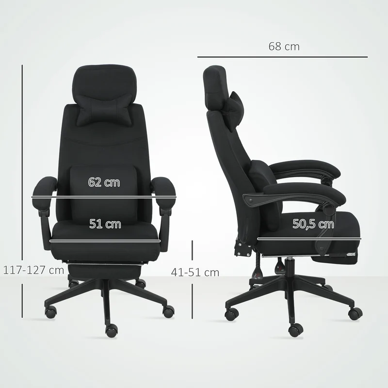 Cadeira de escritório grande conforto encosto ajustável descanso para os pés rodízios 360° linho 62 x 68 x 127 cm preto