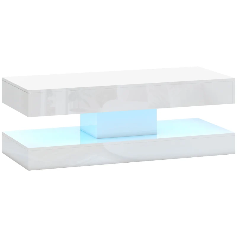 Mesa de estar com gavetas e luzes LED, mesa de centro moderna com prateleira aberta, mesa de centro, aglomerado, branco