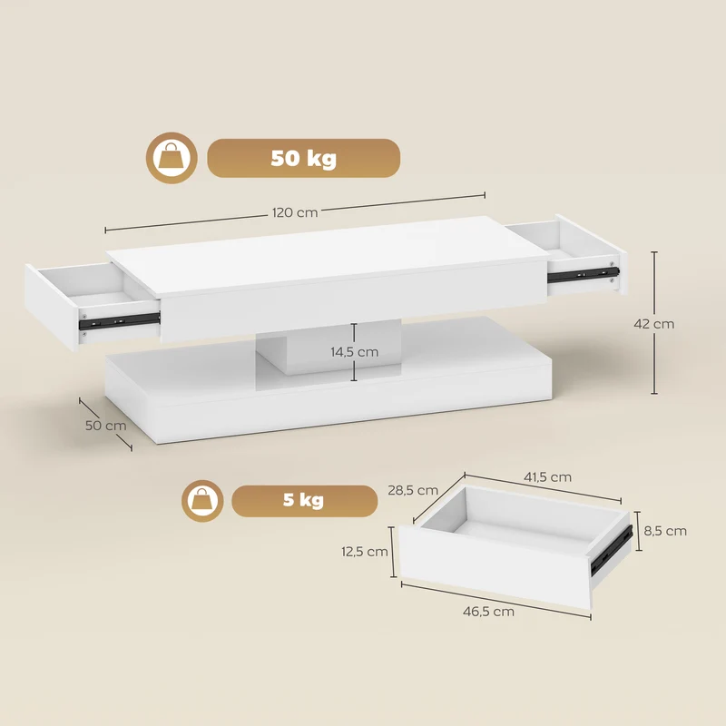 Mesa de estar com gavetas e luzes LED, mesa de centro moderna com prateleira aberta, mesa de centro, aglomerado, branco