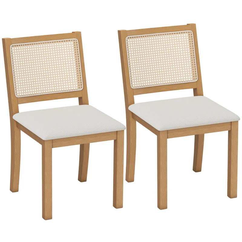 Conjunto de 2 cadeiras de sala de jantar, cadeiras de cozinha com assento estofado, encosto efeito rattan, creme e carvalho