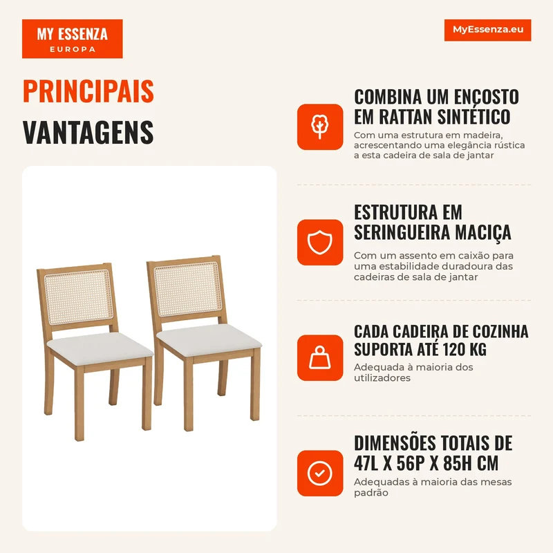 Conjunto de 2 cadeiras de sala de jantar, cadeiras de cozinha com assento estofado, encosto efeito rattan, creme e carvalho