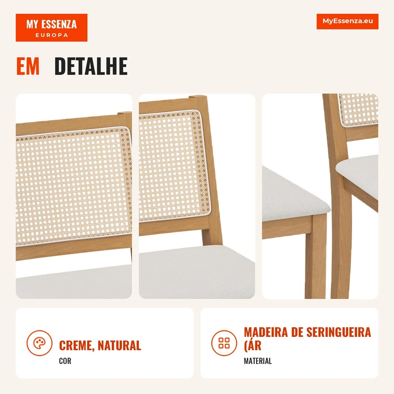 Conjunto de 2 cadeiras de sala de jantar, cadeiras de cozinha com assento estofado, encosto efeito rattan, creme e carvalho