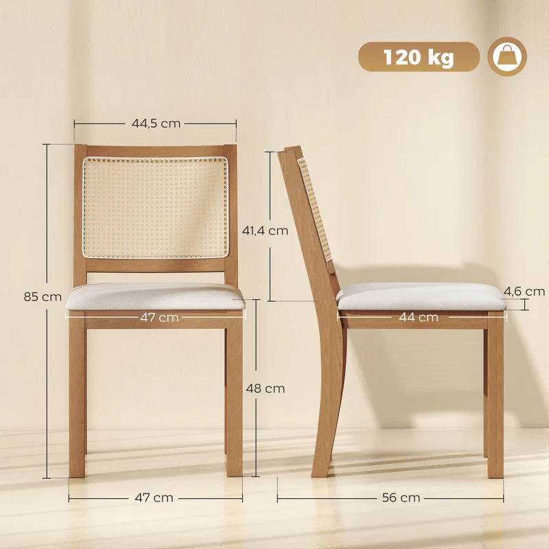 Conjunto de 2 cadeiras de sala de jantar, cadeiras de cozinha com assento estofado, encosto efeito rattan, creme e carvalho