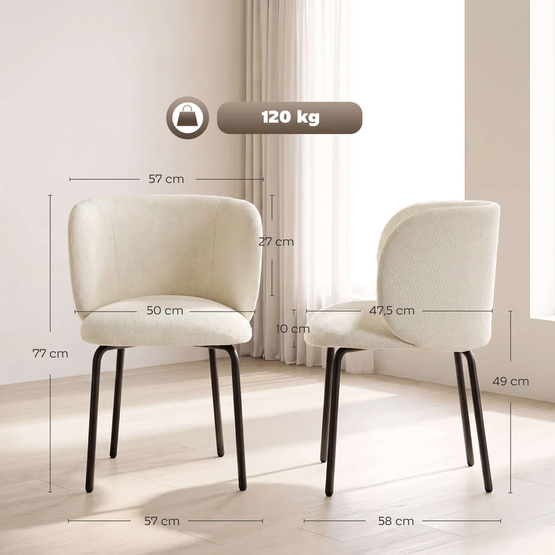 Conjunto de 2 Cadeiras de Sala de Jantar Estofadas em Chenille Encosto Envolvente Carga 120 kg 57x58x77 cm Bege