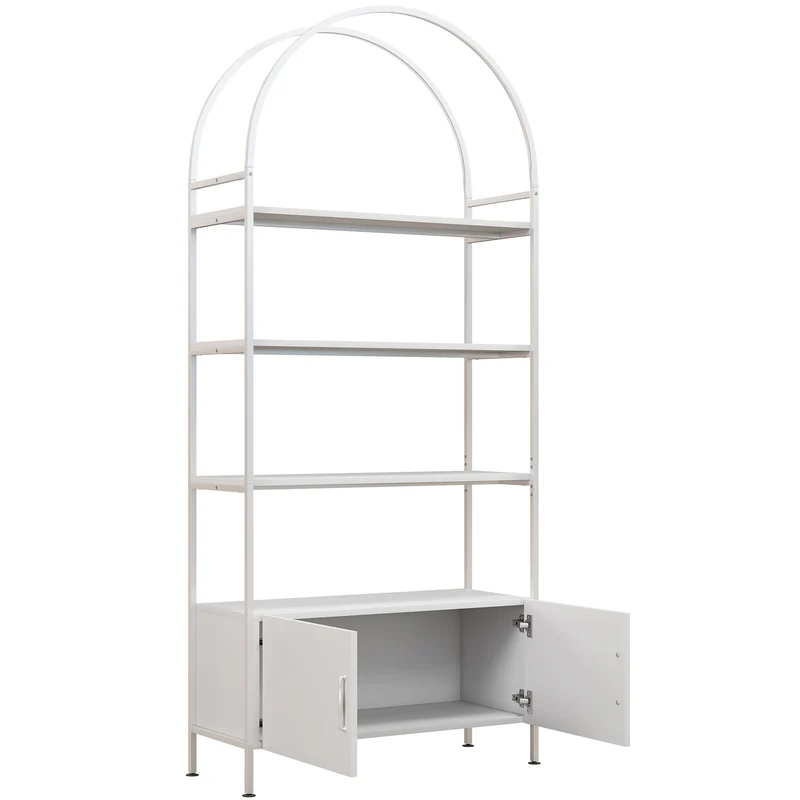 Estante de arrumação, estante arqueada de 4 níveis com armário de duas portas, 80 x 30 x 187 cm, branco