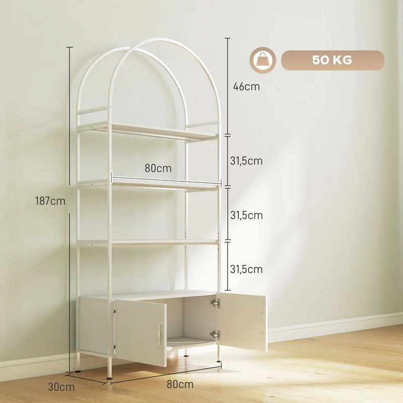 Estante de arrumação, estante arqueada de 4 níveis com armário de duas portas, 80 x 30 x 187 cm, branco