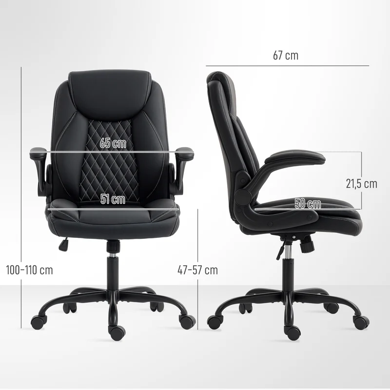 Cadeira de Escritório Cadeira Ergonômica com Apoios de Braço Rebatíveis Altura Ajustável Função de Balanço Preta