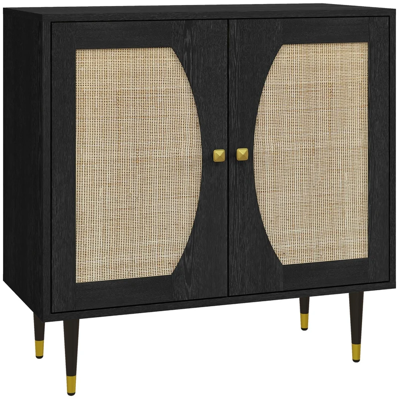 Buffet de Cozinha Móvel de Arrumação estilo Boémio de Duas Portas com 2 Níveis Frente em Vime 80x38x79 cm Preto