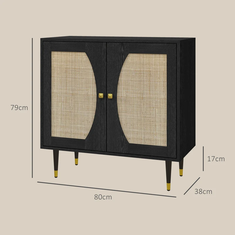 Buffet de Cozinha Móvel de Arrumação estilo Boémio de Duas Portas com 2 Níveis Frente em Vime 80x38x79 cm Preto