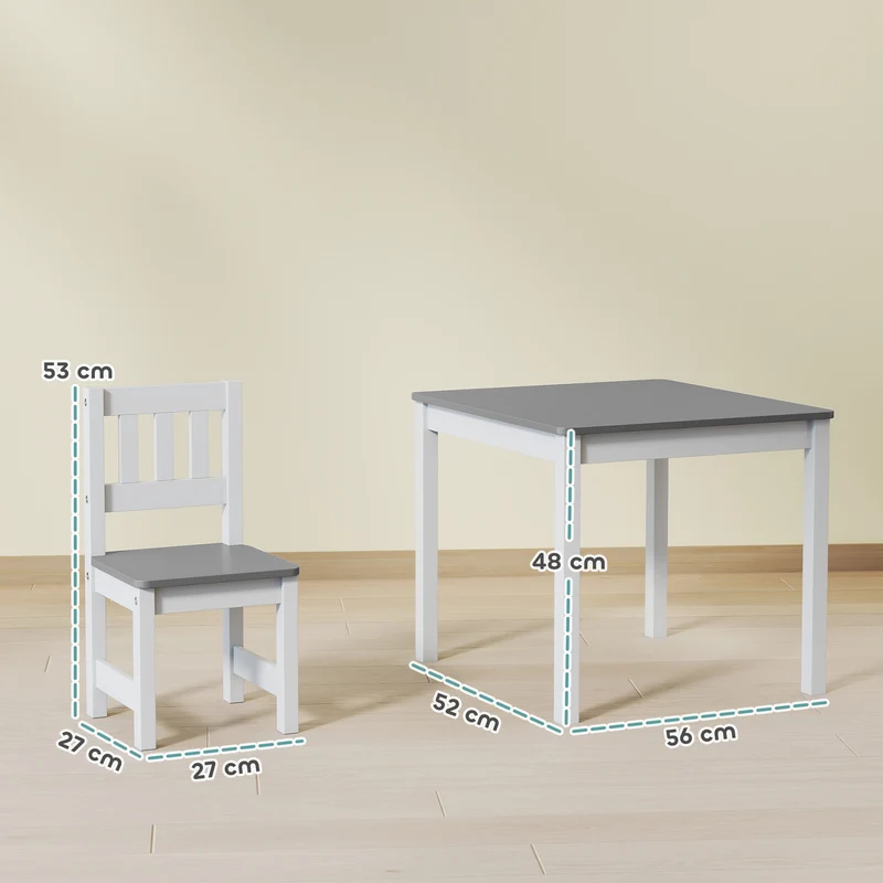 Mesa infantil com 2 cadeiras, conjunto infantil 3 peças, conjunto de assentos para crianças, mobiliário infantil, 56 x 52 x 48 cm Cinza