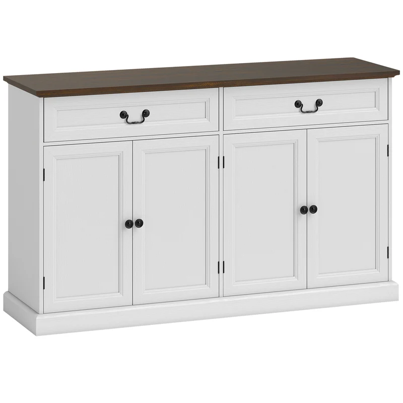 Aparador de sala, móvel de arrumação com 4 portas, 2 gavetas silenciosas, prateleiras reguláveis, 140x40x85cm, branco e castanho