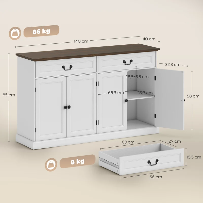 Aparador de sala, móvel de arrumação com 4 portas, 2 gavetas silenciosas, prateleiras reguláveis, 140x40x85cm, branco e castanho