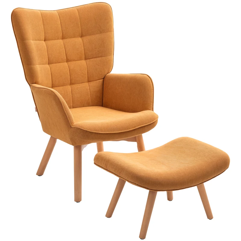 Poltrona de destaque com otoman, poltrona relax com visual cotelê, poltrona com braços e pés em madeira, para sala de estar, castanho