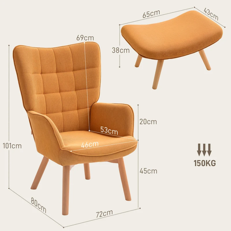 Poltrona de destaque com otoman, poltrona relax com visual cotelê, poltrona com braços e pés em madeira, para sala de estar, castanho